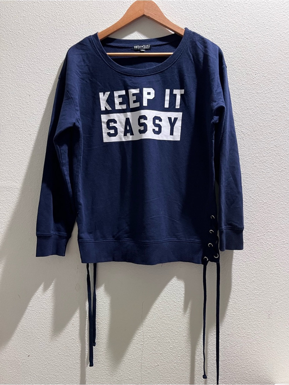 Fifth Sun Navy "KEEP IT SASSY" Women’s Sweatshirt with Side Lace-Up